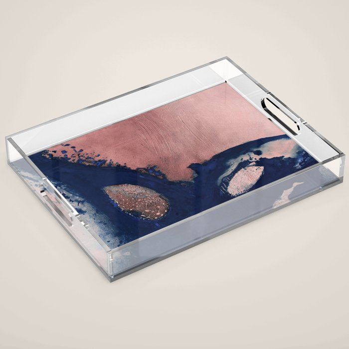 Abstract Navy Blue and Blush Pink Painting  Modern Minimal Wall Art Acrylic Tray Gallery Image 1