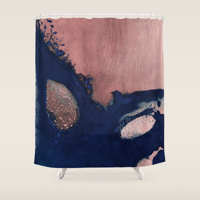 Abstract Navy Blue and Blush Pink Painting  Modern Minimal Wall Art Shower Curtain Gallery Image 1