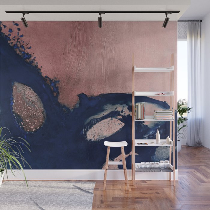 Abstract Navy Blue and Blush Pink Painting  Modern Minimal Wall Art Wall Mural Gallery Image 1