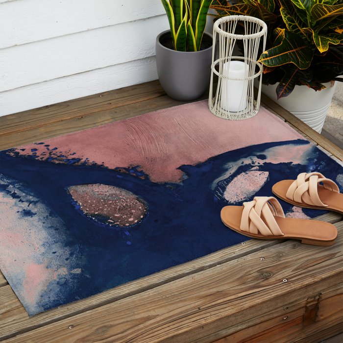 Abstract Navy Blue and Blush Pink Painting  Modern Minimal Wall Art Outdoor Rug Gallery Image 2