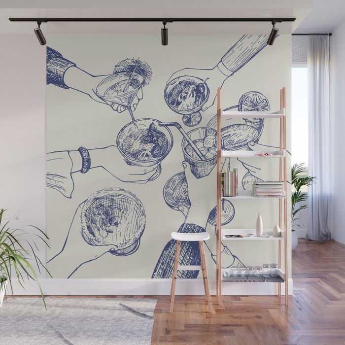 Cheers Dears - Blue Vintage Cocktails Illustration Wall Mural Gallery Image 1