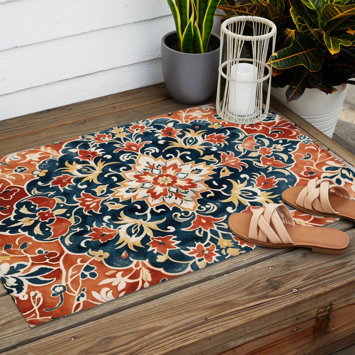 Indigo and Floral Spice Mandala Outdoor Rug Gallery Image 2