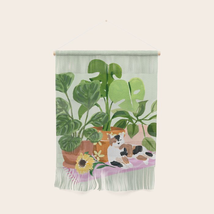 Cat and Plants Still Life Wall Hanging