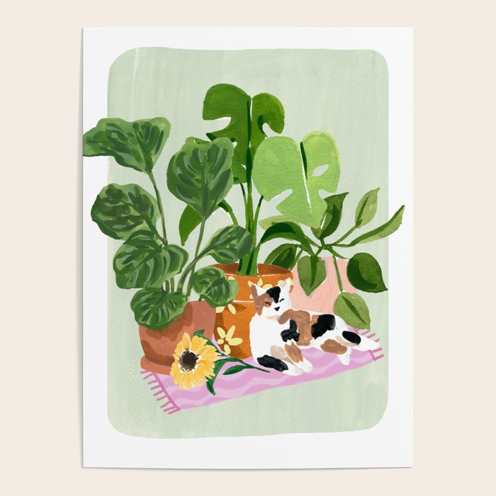 Cat and Plants Still Life Poster