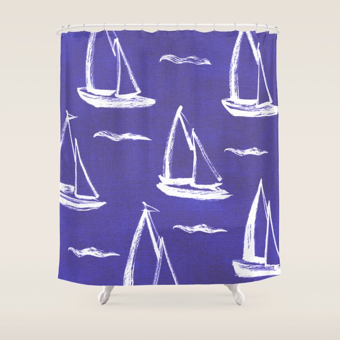 Sailboat Drawing - Indigo Blue Pattern Shower Curtain Gallery Image 1
