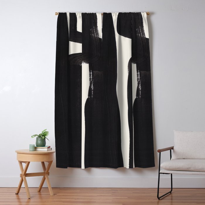 Mid Century Modern Minimalist Abstract Art Brush Strokes Black & White Ink Art Ancient Stripes Window Curtain Gallery Image 5