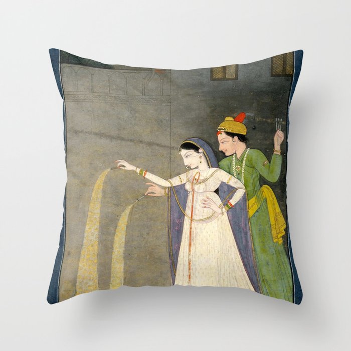     Painting. Recreation. Lovers playing with fireworks. Painted on paper Throw Pillow Gallery Image 1