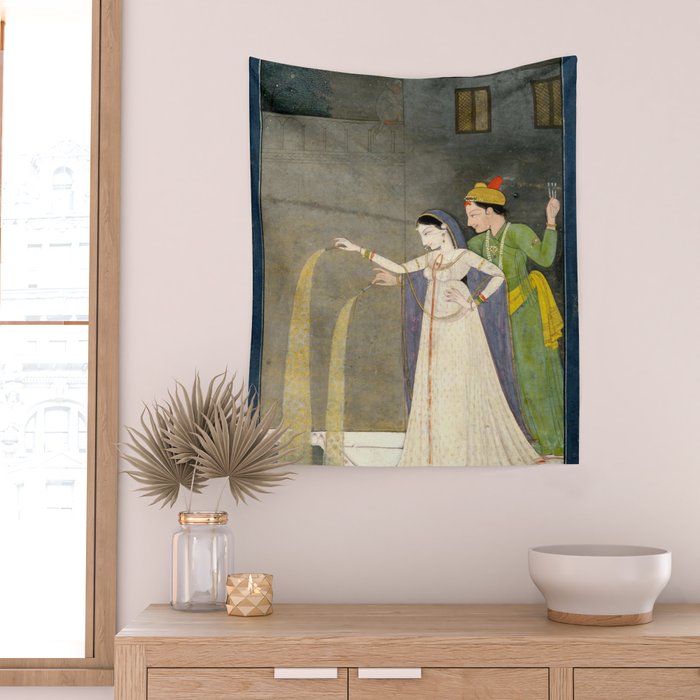     Painting. Recreation. Lovers playing with fireworks. Painted on paper Wall Tapestry Gallery Image 2
