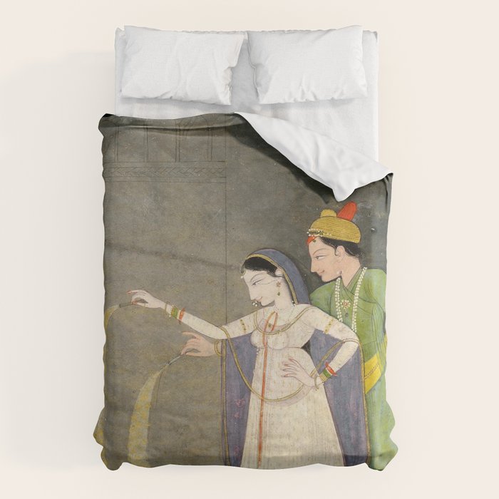     Painting. Recreation. Lovers playing with fireworks. Painted on paper Duvet Cover Gallery Image 6
