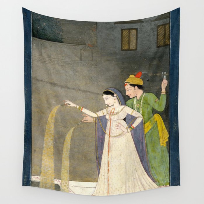     Painting. Recreation. Lovers playing with fireworks. Painted on paper Wall Tapestry Gallery Image 4