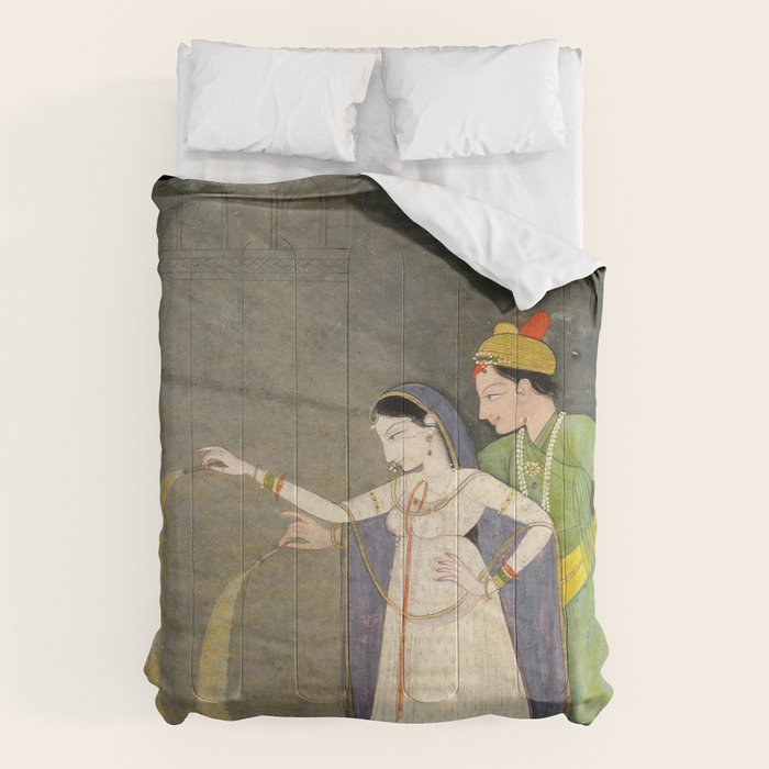     Painting. Recreation. Lovers playing with fireworks. Painted on paper Comforter Gallery Image 1