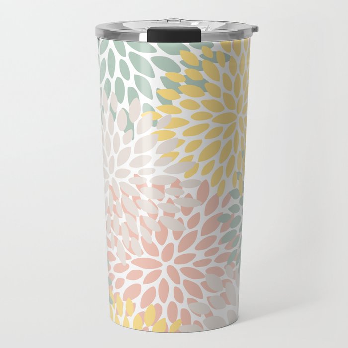Festive, Abstract, Floral Prints, Coral, Green, Yellow Travel Mug Gallery Image 1