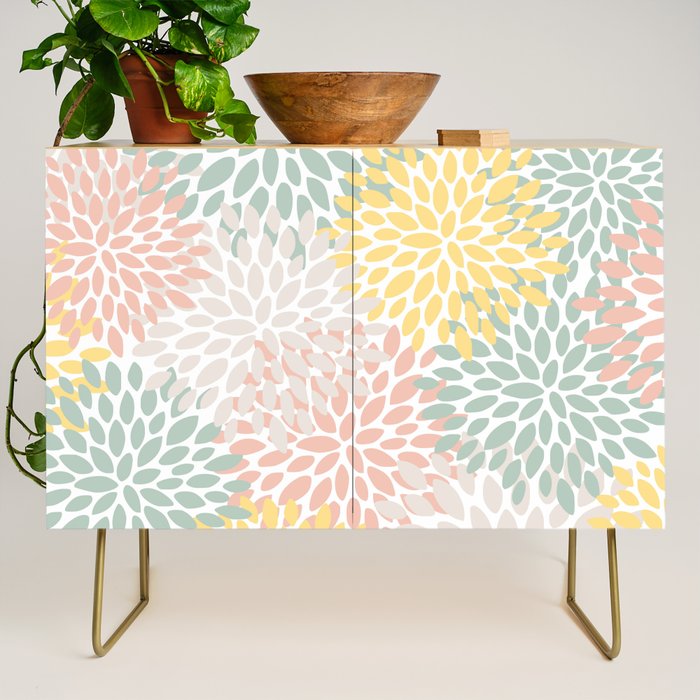 Festive, Abstract, Floral Prints, Coral, Green, Yellow Credenza Gallery Image 1
