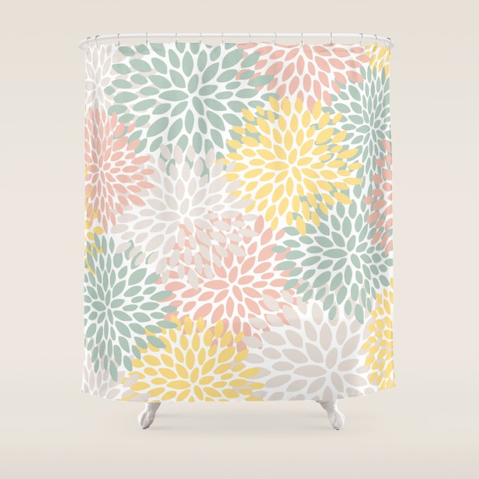 Festive, Abstract, Floral Prints, Coral, Green, Yellow Shower Curtain Gallery Image 1