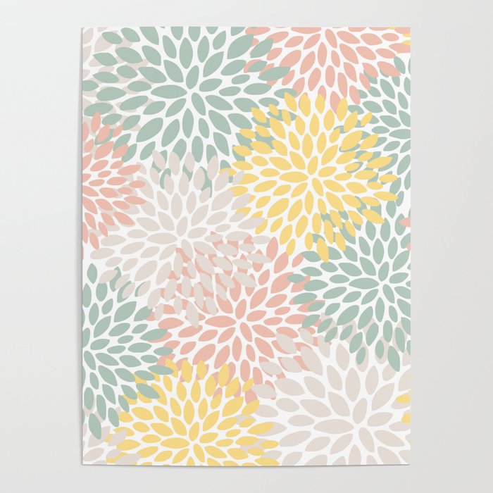 Festive, Abstract, Floral Prints, Coral, Green, Yellow Poster Gallery Image 4