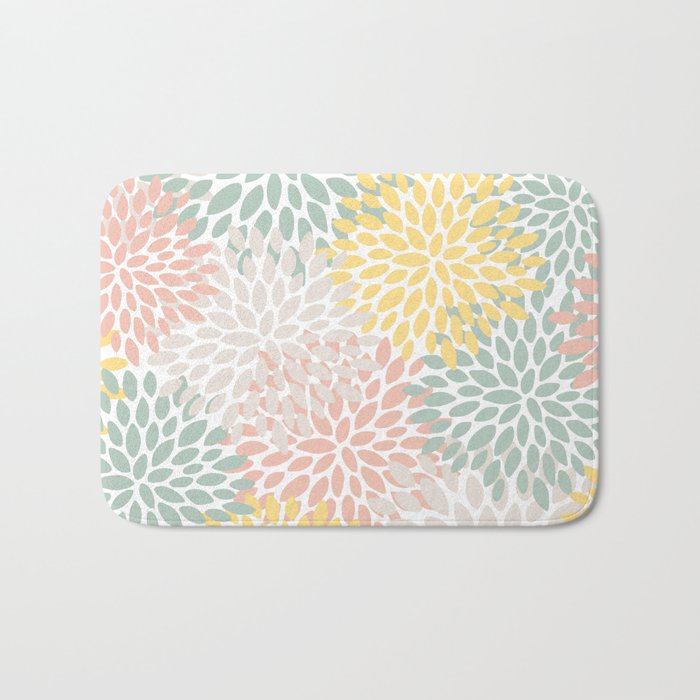Festive, Abstract, Floral Prints, Coral, Green, Yellow Bath Mat Gallery Image 1