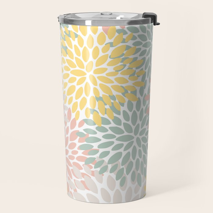 Festive, Abstract, Floral Prints, Coral, Green, Yellow Travel Mug Gallery Image 2