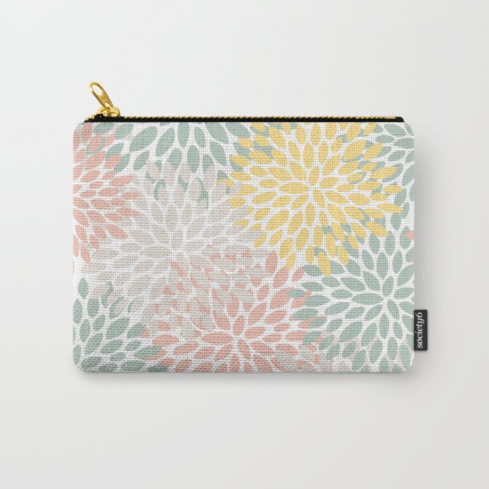 Festive, Abstract, Floral Prints, Coral, Green, Yellow Carry All Pouch Gallery Image 1