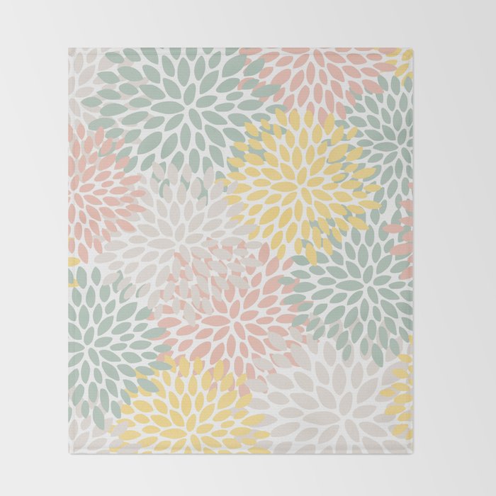 Festive, Abstract, Floral Prints, Coral, Green, Yellow Throw Blanket Gallery Image 2