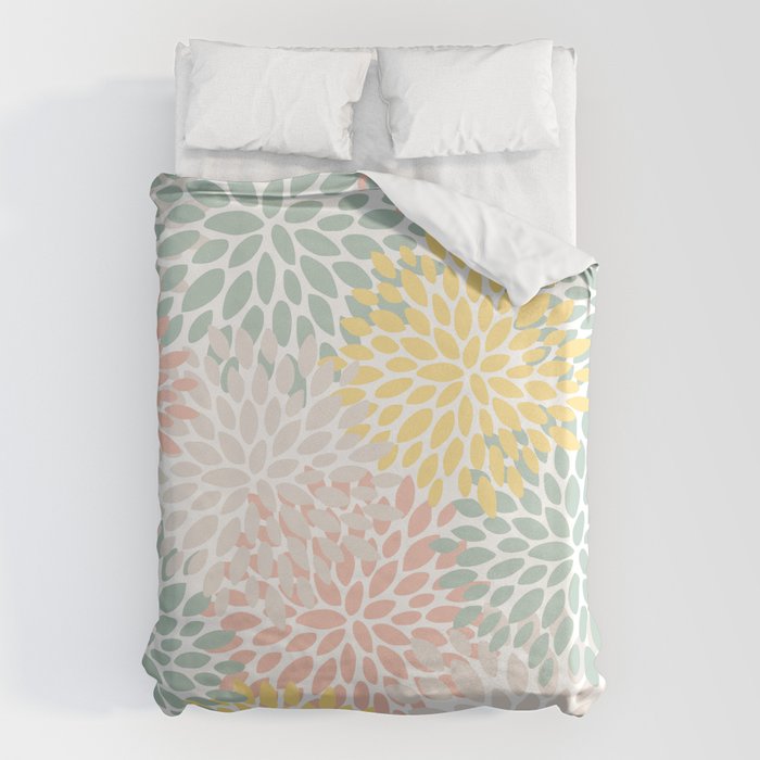 Festive, Abstract, Floral Prints, Coral, Green, Yellow Duvet Cover Gallery Image 1