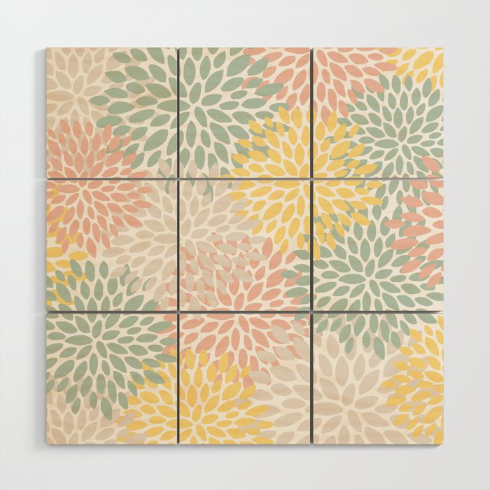 Festive, Abstract, Floral Prints, Coral, Green, Yellow Wood Wall Art Gallery Image 1