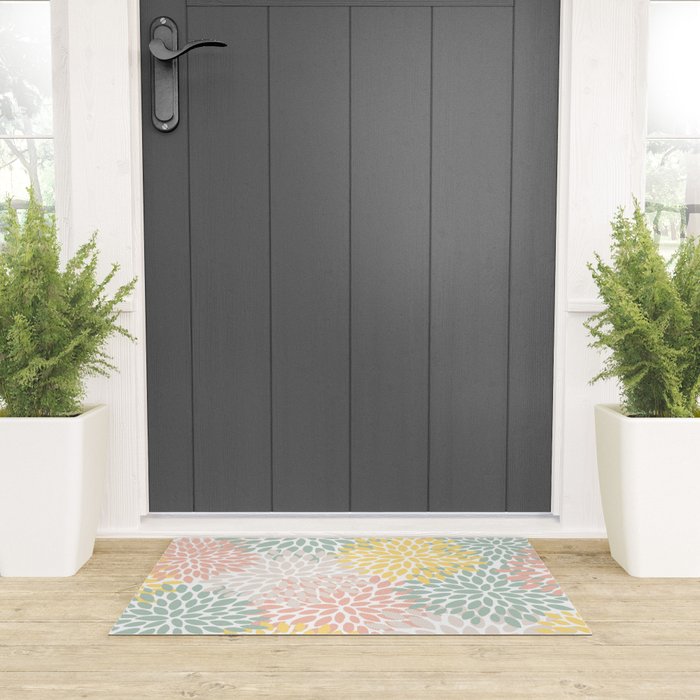 Festive, Abstract, Floral Prints, Coral, Green, Yellow Welcome Mat Gallery Image 3