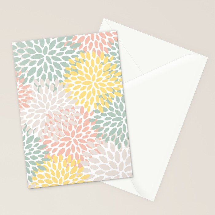 Festive, Abstract, Floral Prints, Coral, Green, Yellow Stationery Card Gallery Image 2