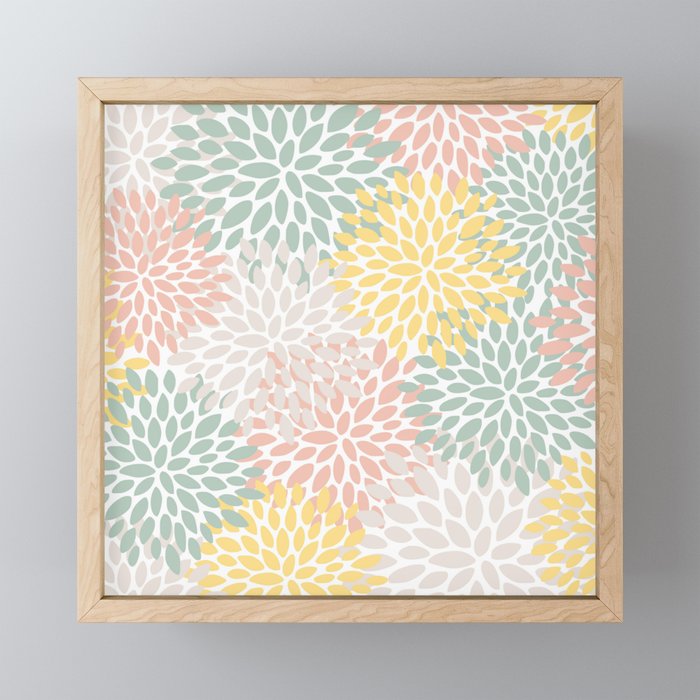 Festive, Abstract, Floral Prints, Coral, Green, Yellow Mini Art Print Gallery Image 1
