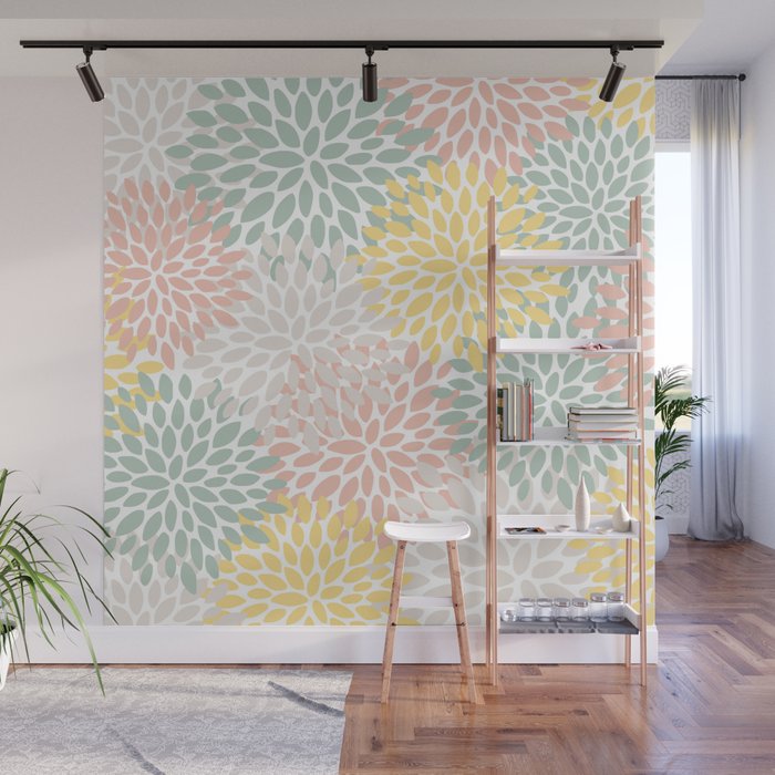 Festive, Abstract, Floral Prints, Coral, Green, Yellow Wall Mural Gallery Image 1