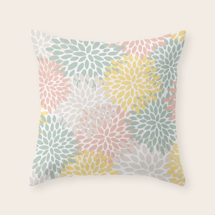 Festive, Abstract, Floral Prints, Coral, Green, Yellow Throw Pillow Gallery Image 6