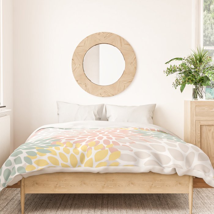 Festive, Abstract, Floral Prints, Coral, Green, Yellow Duvet Cover Gallery Image 3