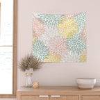Festive, Abstract, Floral Prints, Coral, Green, Yellow Wall Tapestry Gallery Image 2