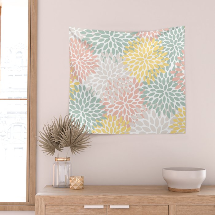 Festive, Abstract, Floral Prints, Coral, Green, Yellow Wall Tapestry Gallery Image 2