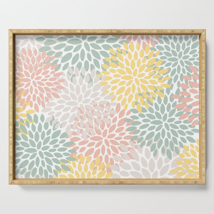 Festive, Abstract, Floral Prints, Coral, Green, Yellow Serving Tray Gallery Image 1