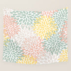 Festive, Abstract, Floral Prints, Coral, Green, Yellow Wall Tapestry Gallery Image 4