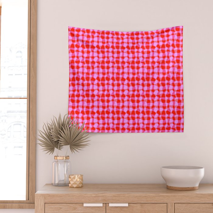 Colorful Wavy Check Pattern 1 - Pink And Red Wall Tapestry Gallery Image 2
