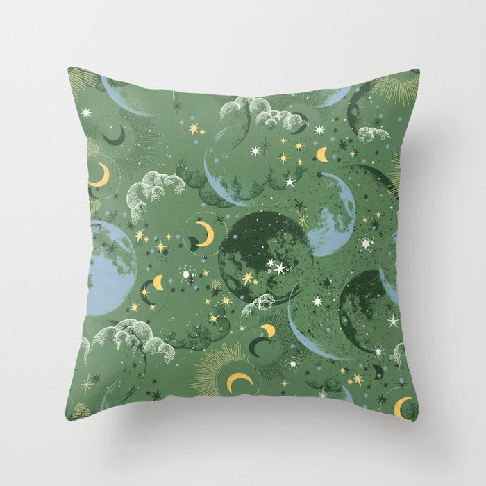 Greenish starry lunar sky Throw Pillow Gallery Image 6