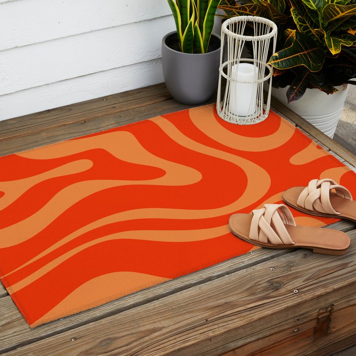 Bold Orange Modern Retro Liquid Swirl Abstract Pattern Outdoor Rug Gallery Image 2