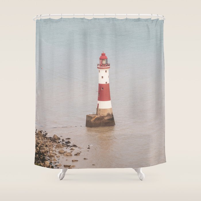 Beachy head lighthouse at Seven Sisters in the UK - coastal heritage - summer travel photography Shower Curtain Gallery Image 1