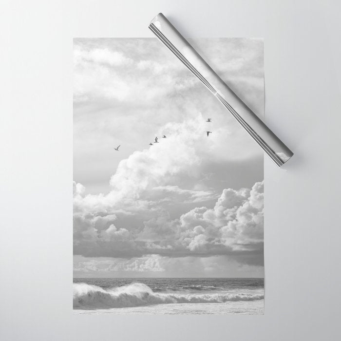 Seagulls in Nazaré Photo | Black and White Travel Photography in Portugal | Clouds and Waves Nature Art Print Wrapping Paper Gallery Image 1