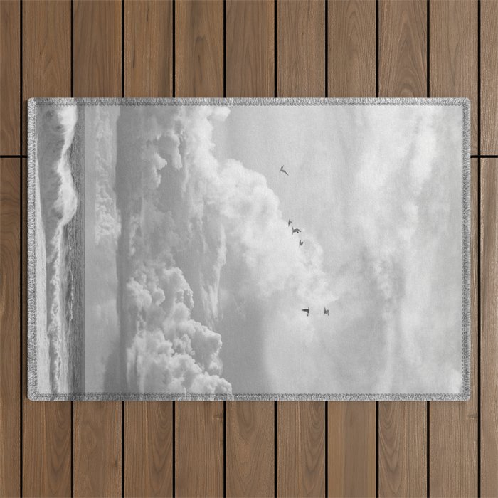 Seagulls in Nazaré Photo | Black and White Travel Photography in Portugal | Clouds and Waves Nature Art Print Outdoor Rug Gallery Image 1
