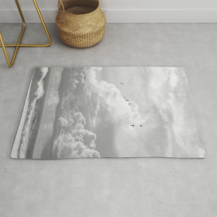 Seagulls in Nazaré Photo | Black and White Travel Photography in Portugal | Clouds and Waves Nature Art Print Rug Gallery Image 1