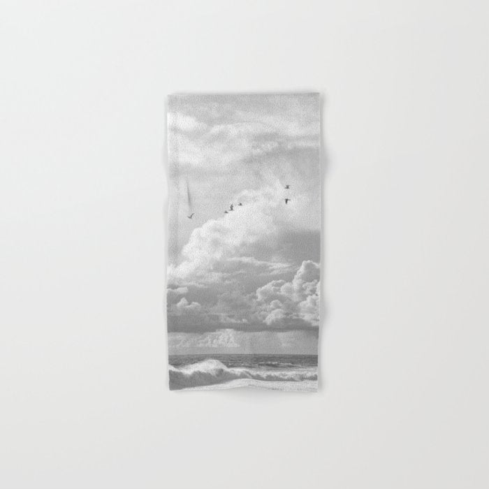 Seagulls In Nazaré Photo | Black And White Travel Photography In Portugal | Clouds And Waves Nature Art Print Bath Towel