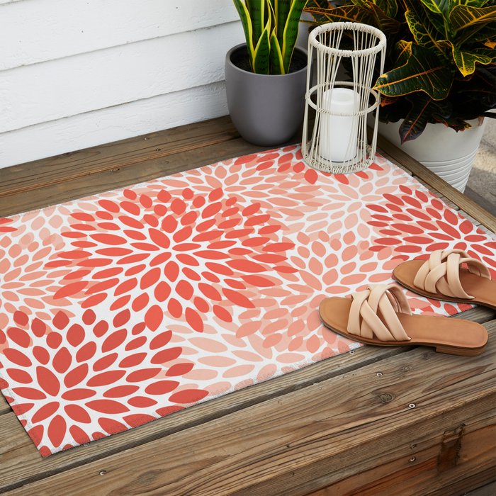 Flowers Pattern, Coral, Pink, Floral Prints Outdoor Rug Gallery Image 2