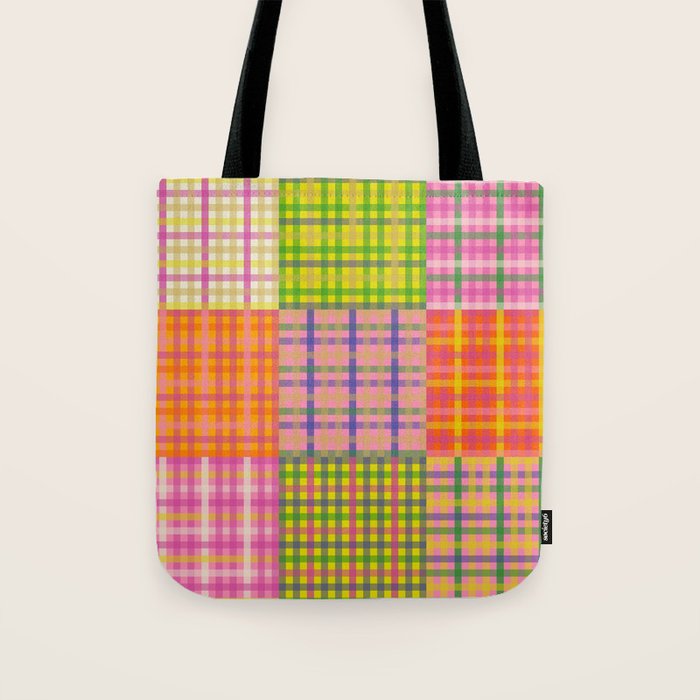 Colorful Eclectic Gingham Patchwork Pattern Tote Bag Gallery Image 1