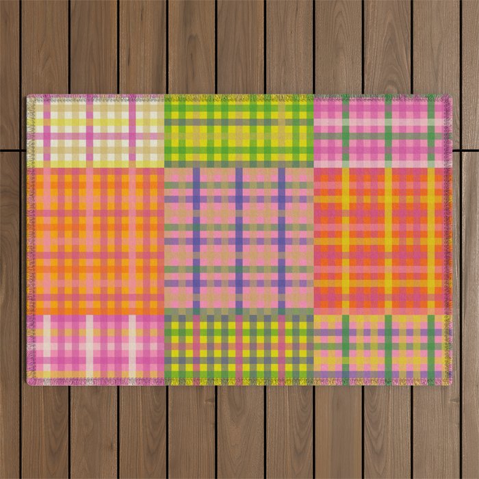 Colorful Eclectic Gingham Patchwork Pattern Outdoor Rug Gallery Image 1