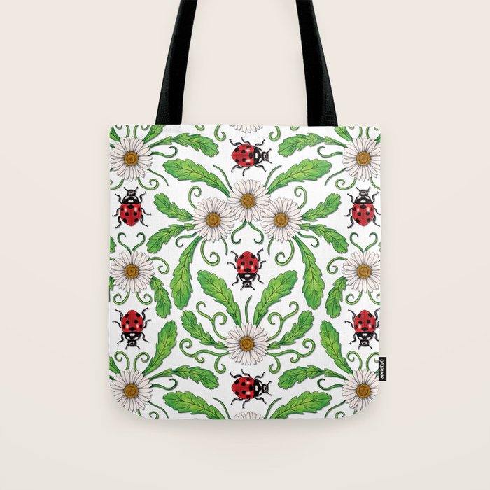 Ladybugs & Daisies - Cute Floral Bug Pattern with Ladybirds Tote Bag Gallery Image 1
