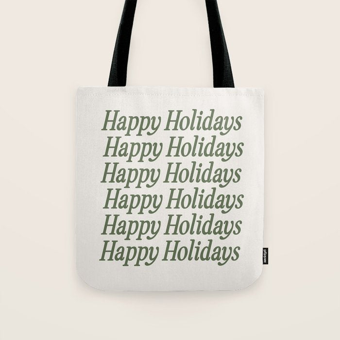 Happy Holidays Muted Green On Cream Tote Bag Gallery Image 1