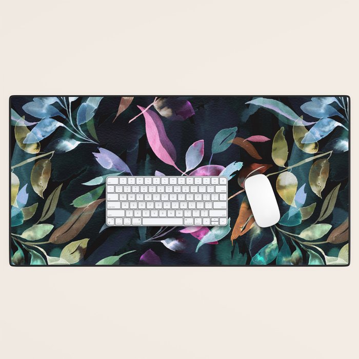 Midnight garden foliage Watercolor Leaves Dark Romantic botanical Jewel tones Desk Mat Gallery Image 1