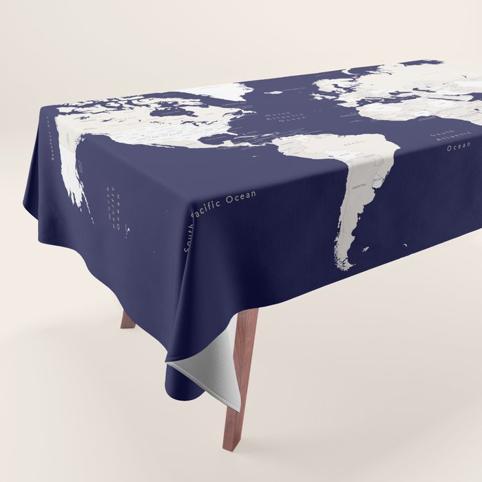 Navy blue and cream world map, "Austin" Tablecloth Gallery Image 1